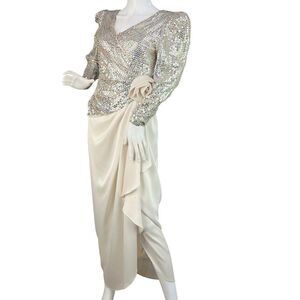 Estevez Vtg 1970's Disco Sequin Formal Dress with Ivory Silk Rose Sz 6